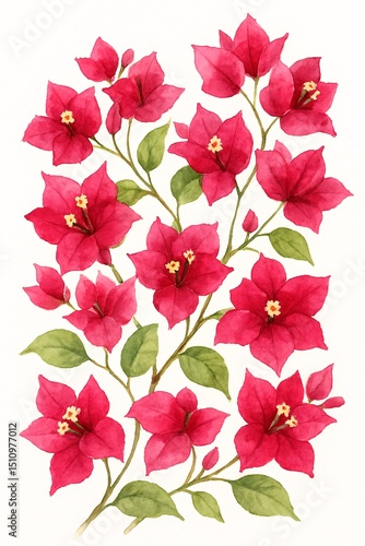 Delicate watercolor illustration of vibrant pink bougainvillea blossoms with lush green leaves. The hand-painted floral composition is set against a clean white background