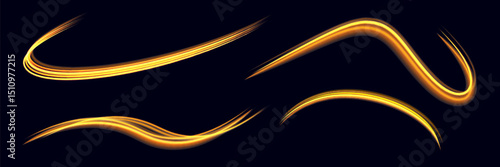 Set of light speed motion effect. Gold or yellow color spiral glow effect on dark background. Sunlight special lens flare light effect. Vector illustration