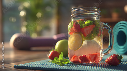 Fitness and wellness concept showing a refreshing fruit detox drink next to a dumbbell and yoga mat in a sunlit room