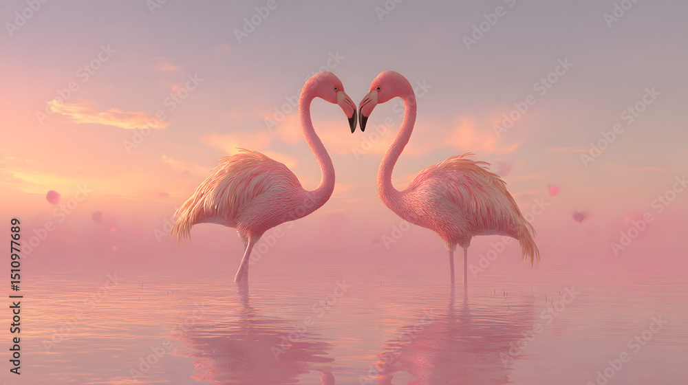 Fototapeta premium Pink Flamingos in Love A Dreamy Sunset Romance