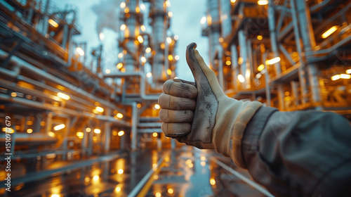 Oil & Gas Engineers success of turnaround completed with Handshake & Thumbs Up – Professional Agreement in Industrial Setting 