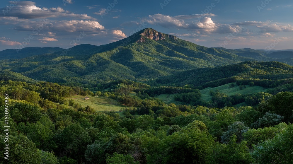 A lush forest of many trees thrives under a blue sky and near a majestic mountain, with cloudy skies above A lush forest of many trees thrives under a blue sky and near a majestic mountain, with cloudy skies above