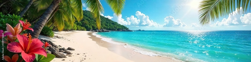 Fototapeta premium Vibrant tropical island paradise scene Sun-drenched beach, turquoise water, lush foliage, colorful flowers, and clear sky Perfect for travel, vacation, or summer themes , flowers, escape, exotic