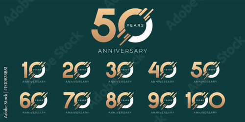 Set of modern vector logo designs for 10th to 100th anniversary, in gold color for celebrations, weddings and birthdays