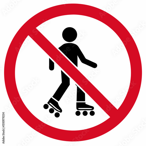 No roller skating indoors sign featuring a silhouette of a person in a red prohibition circle