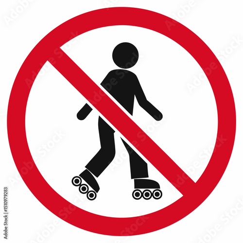 No roller skating indoors sign featuring a silhouette of a person skating inside a red prohibition circle