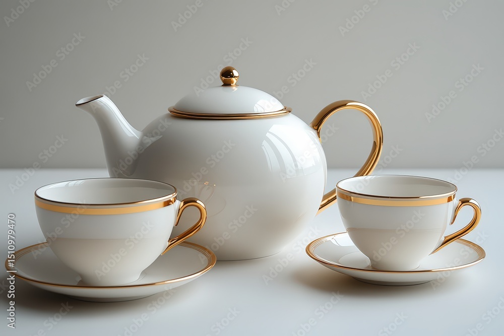 Elegant white teapot with gold trim and matching cups, classic tea set in soft natural lighting, luxury dining piece. Elegant white teapot with gold trim and matching cups, classic tea set in soft natural lighting, luxury dining piece.