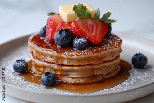  Stack of pancakes topped with butter, syrup, strawberries, blueberries, powdered sugar, served on ceramic plate, sweet breakfast treat.