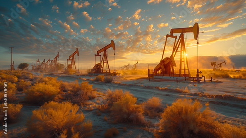 Photorealistic Oil Field in Golden Hour – Nodding Donkey Pumpjacks