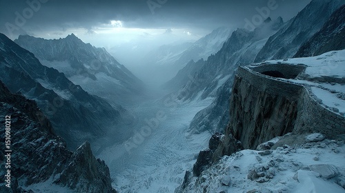 Snowy mountain range, valley below, distant snow-covered peaks