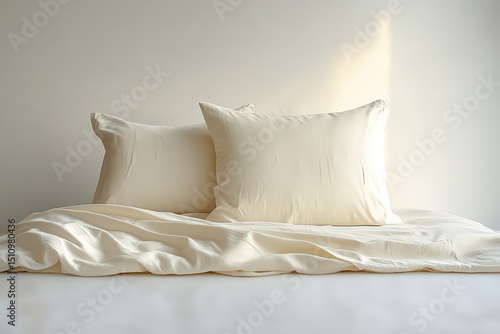Cream pillows and bed in soft sunlight evoke peace, relaxation, comfort, cozy sleep, and minimalist serene decor