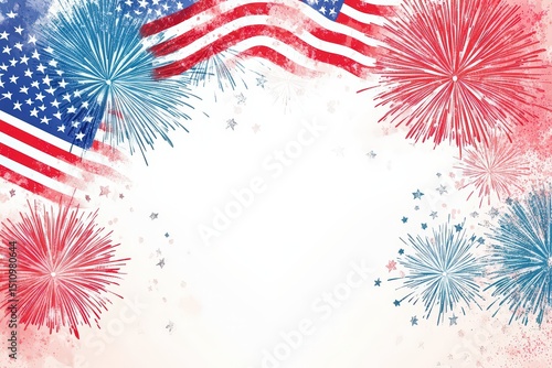  Patriotic fireworks with waving US flags frame white space for celebration, pride, independence, and festive American design
