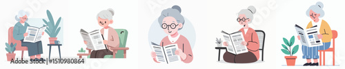 vector of a grandmother reading a newspaper