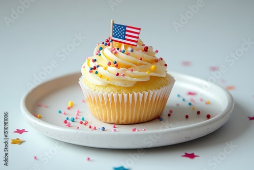  Vanilla cupcake with sprinkles topped with tiny US flag celebrates American holiday, sweetness, fun, and festive dessert joy