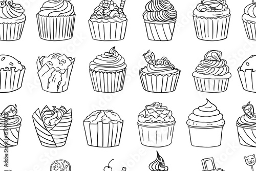 Seamless pattern of bakery products. Muffin, cupcake. Great for banners, menu design. Hand drawn
