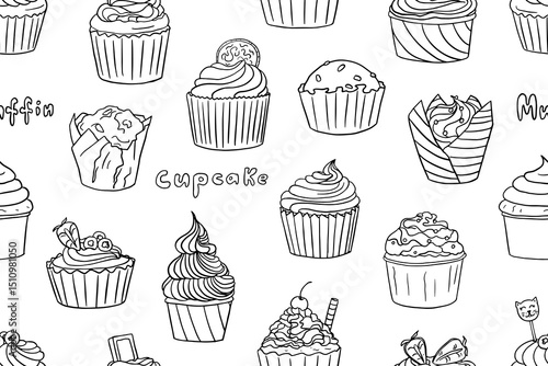 Seamless pattern of bakery products in doodle style. Muffin, cupcake. Great for banners, menu design. Hand drawn