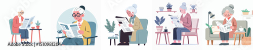 vector of a grandmother reading a newspaper