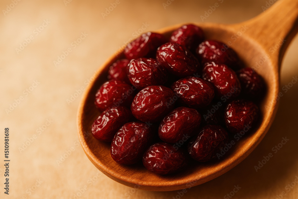 Crimson Jewels: A close-up shot of dried cranberries nestled in a wooden spoon, bathed in a warm and inviting light. Crimson Jewels: A close-up shot of dried cranberries nestled in a wooden spoon, bathed in a warm and inviting light.