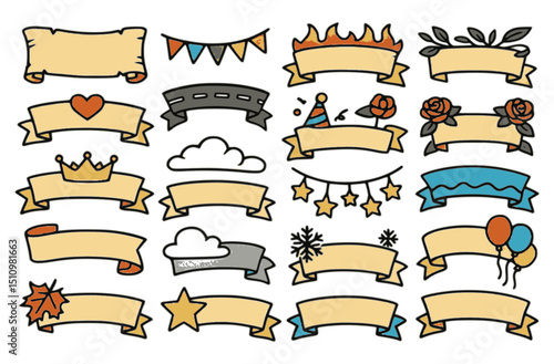 Vector Illustration of Vintage Decorative Ribbons and Banners for Celebrations: Hand-Drawn Art Elements for Party and Holiday Graphic Designs