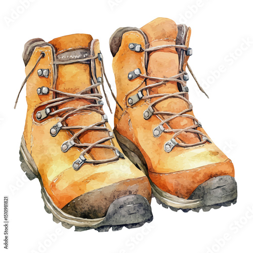 Hiking Boots, watercolor drawing vector, high quality, isolated on a white background.