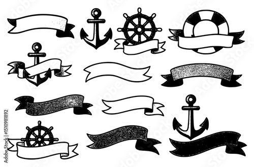Vintage Nautical Vector Illustration with Anchor, Helm, and Life Ring – Hand-Drawn Graphic Design Clipart for Marine Adventure and Seaside Symbols