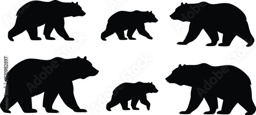 Assorted Bear Silhouettes: Grizzly Adult & Cub Black Vector Graphics. Forest Wildlife Collection for Nature & Adventure Themed Projects. Isolated Mammal Icons. AI Generative
