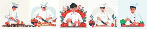 vector of a chef slicing tomatoes