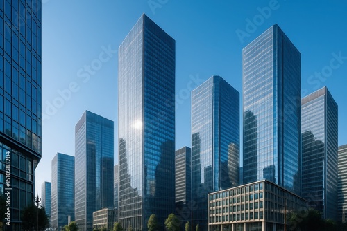 Modern Business Hub Gleaming Office Skyscrapers in a Commercial District Against a Clear Blue Sky Symbolizing Corporate Success and a High Tech Work Environment Bright Clean Background