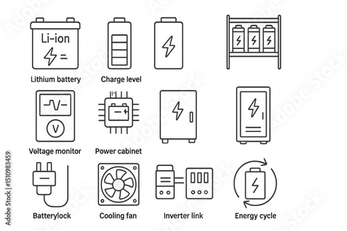 Lithium battery icons set: charge level, power, and energy cycle symbols