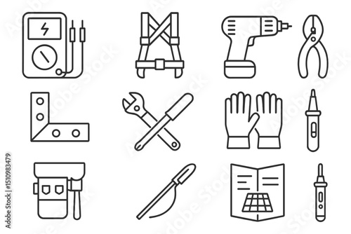 Essential tools and safety icons: drill, harness, multimeter, and more