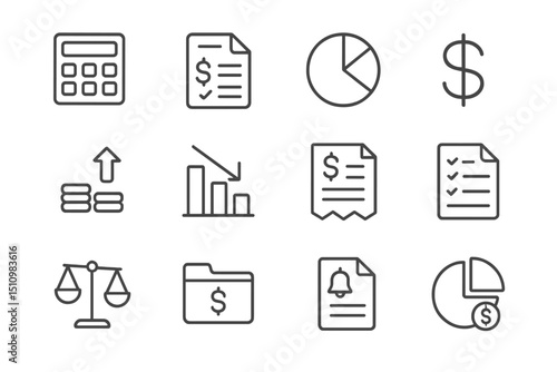 Finance and accounting icon set with dollar signs and graphs