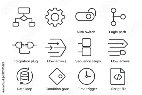 Set of minimalist icons representing logic and workflow elements