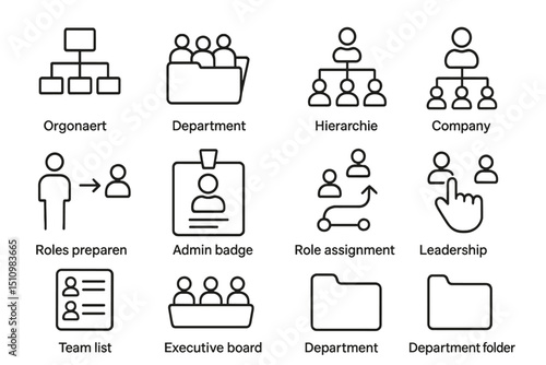 Business icons set: hierarchy, roles, leadership, teams, organization