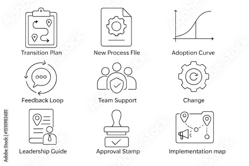 Business strategy icons: transition, support, change, guide, approval, implementation