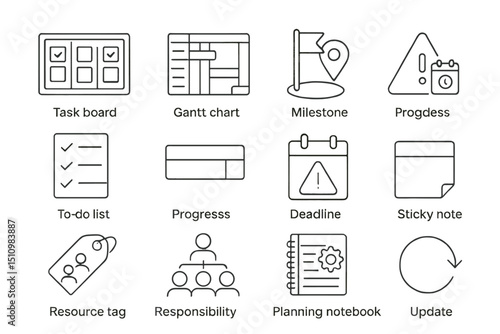 Project management icon set with deadline, milestone, task board designs