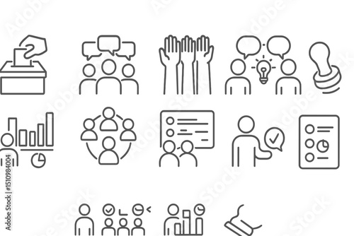 Civic engagement and decision-making icon set on grayscale background