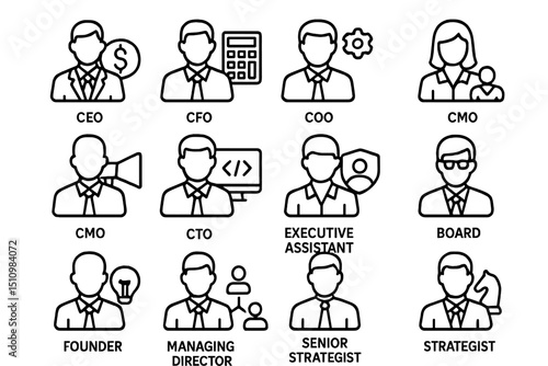 Outline icons of business roles: ceo, cfo, coo, strategist, and more