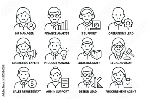 Set of business icons: diverse roles and functions in a modern workplace