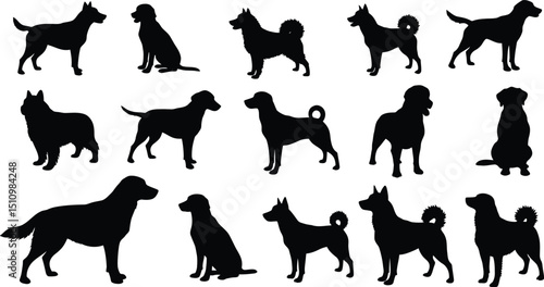 Comprehensive Dog Silhouette Pack: Assorted Black Canine Breeds & Poses, Pet Animal Icon Collection AI Generative
