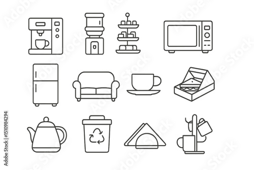 Outline icons of kitchenware and furniture on dark background