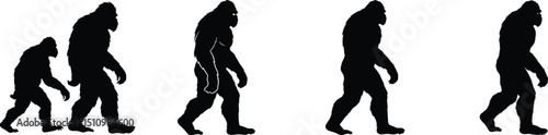 Bigfoot Sasquatch Evolution Walking Silhouette Sequence, Mythical Primate Cryptid Creature Legend AI Generative
