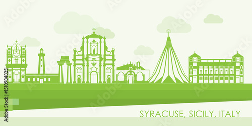 Green Skyline panorama of Syracuse, Sicily, Italy - vector illustration