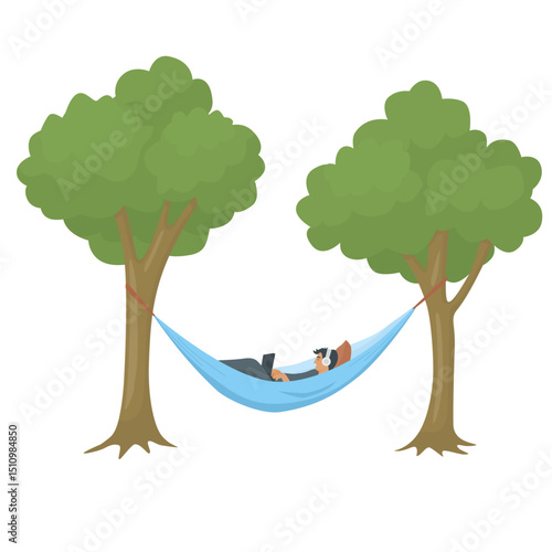 Man  laying in a hammock under the trees and working on a laptop. Color vector isolated illustration in flat style.	
