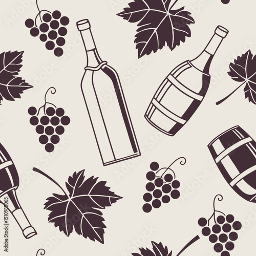 Wine bottles and grapes pattern in vintage illustration style  