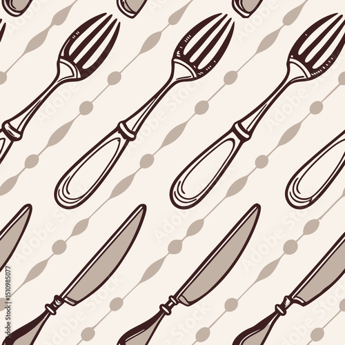 Vintage cutlery pattern with forks and knives on beige background  