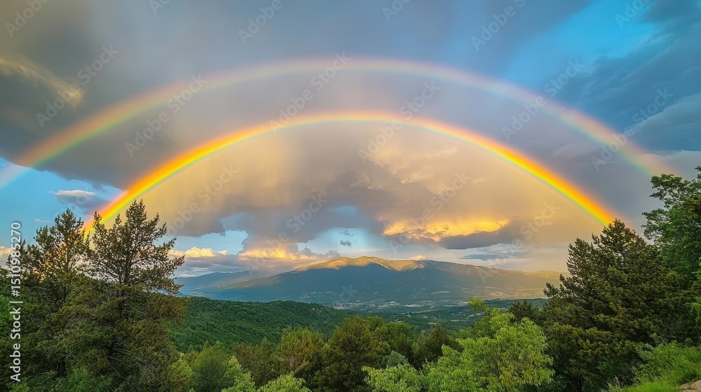 Naklejka premium Radiant Spectrum: A Double Rainbow Illuminates the Cloudy Morning Sky, Reflecting Nature's Promise of Hope