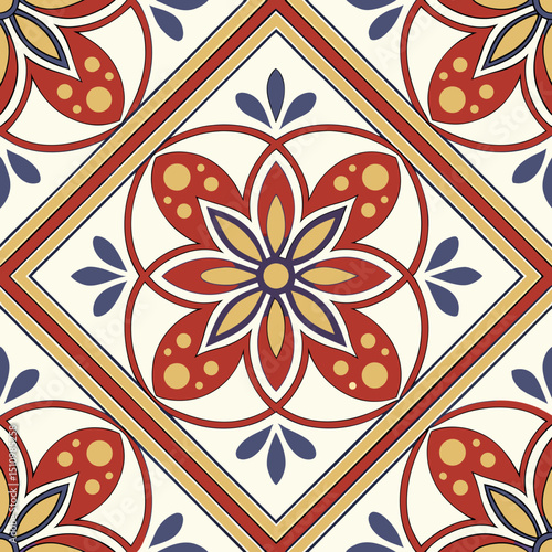 Vibrant Talavera tile pattern, red and yellow floral design, for textile and home decor