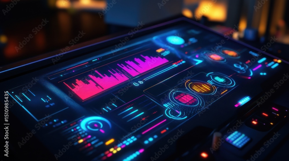Obraz premium futuristic digital dashboard with vibrant data visualizations and analytics on touchscreen interface. technology, innovation and data analysis. web design, tech presentation of device