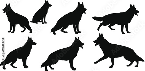 Versatile German Shepherd Silhouette Set: Black Canine Figures in Standing, Sitting & Walking Poses AI Generative
