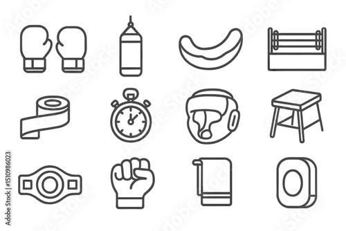 Boxing icons set: gloves, ring, heavy bag, timer, helmet